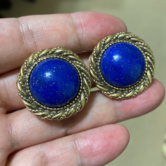 🖤Vtg💕80s blue and gold clip earrings - Picture 5 of 11